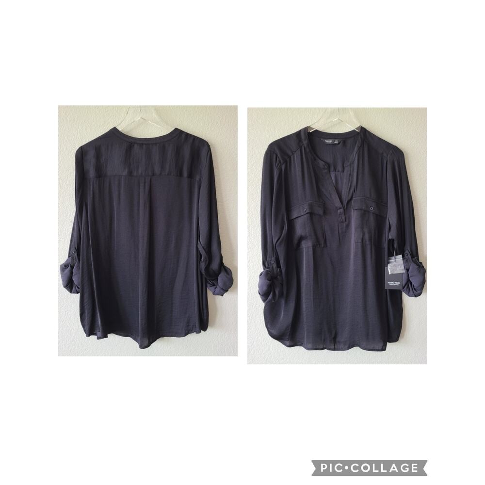 NEW Simply Vera Vera Wang Semi Sheer‎ Women Shirt Blouse XXL Black Roll Tab Sl